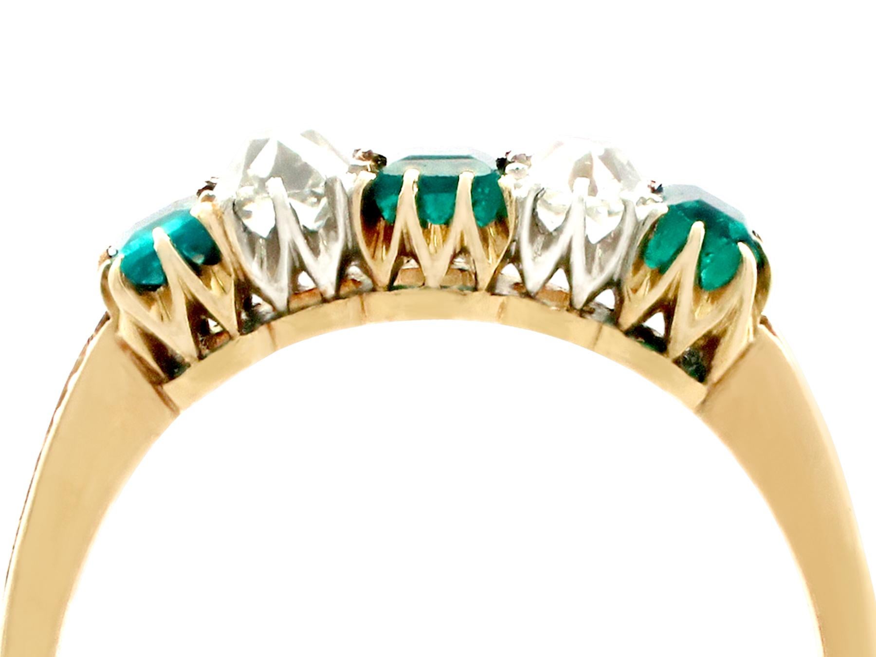 An exceptional, fine and impressive 0.62 carat natural emerald, 0.48 carat diamond, 18 karat yellow gold cocktail ring; part of our antique, vintage jewellery and estate jewelry collections.

This exception, fine and impressive antique emerald and