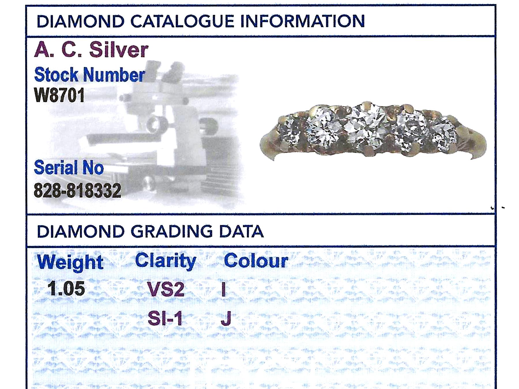 1.05 Carat Diamond and 18 Karat Yellow Gold, Five-Stone Ring, Antique circa 1910 4