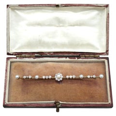 Victorian Diamond and Pearl Yellow Gold Bar Brooch