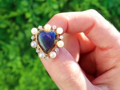 Antiguo broche de oro y diamantes de 3,98 quilates con labradorita talla cabujón y perlas semilla