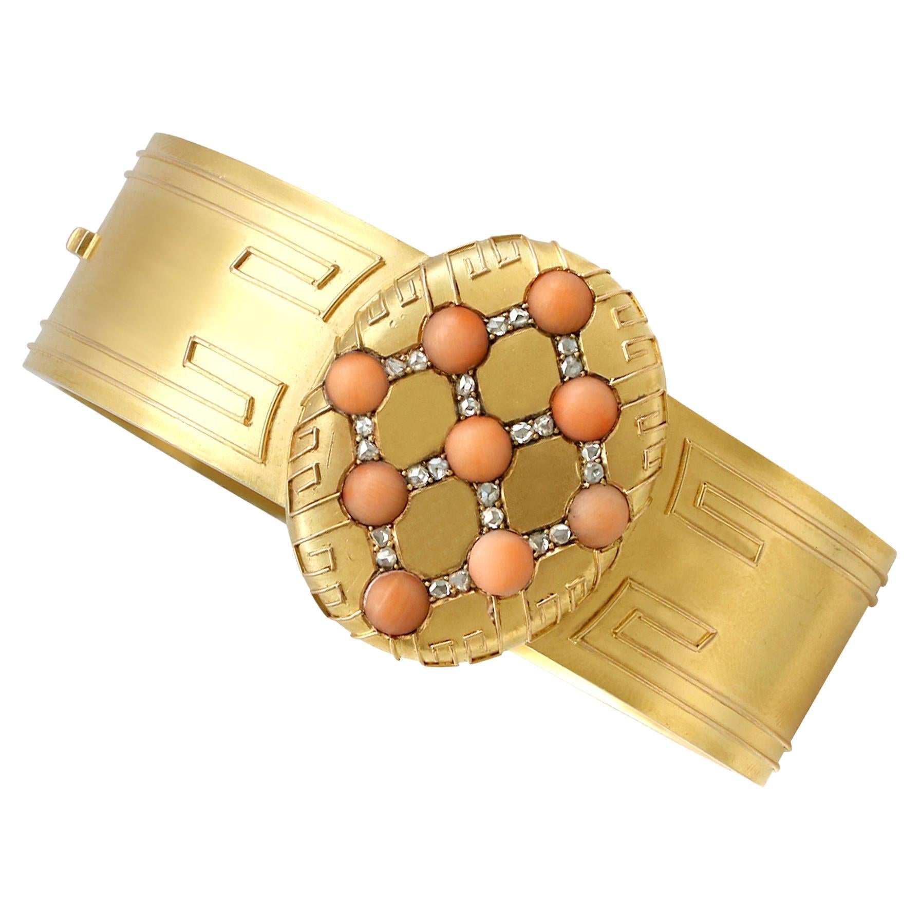 Antique Victorian Coral and Diamond 18K Yellow Gold Bangle