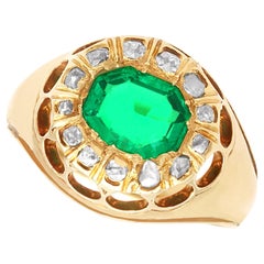Antique 1.22 Carat Colombian Emerald Diamond Yellow Gold Cocktail Ring
