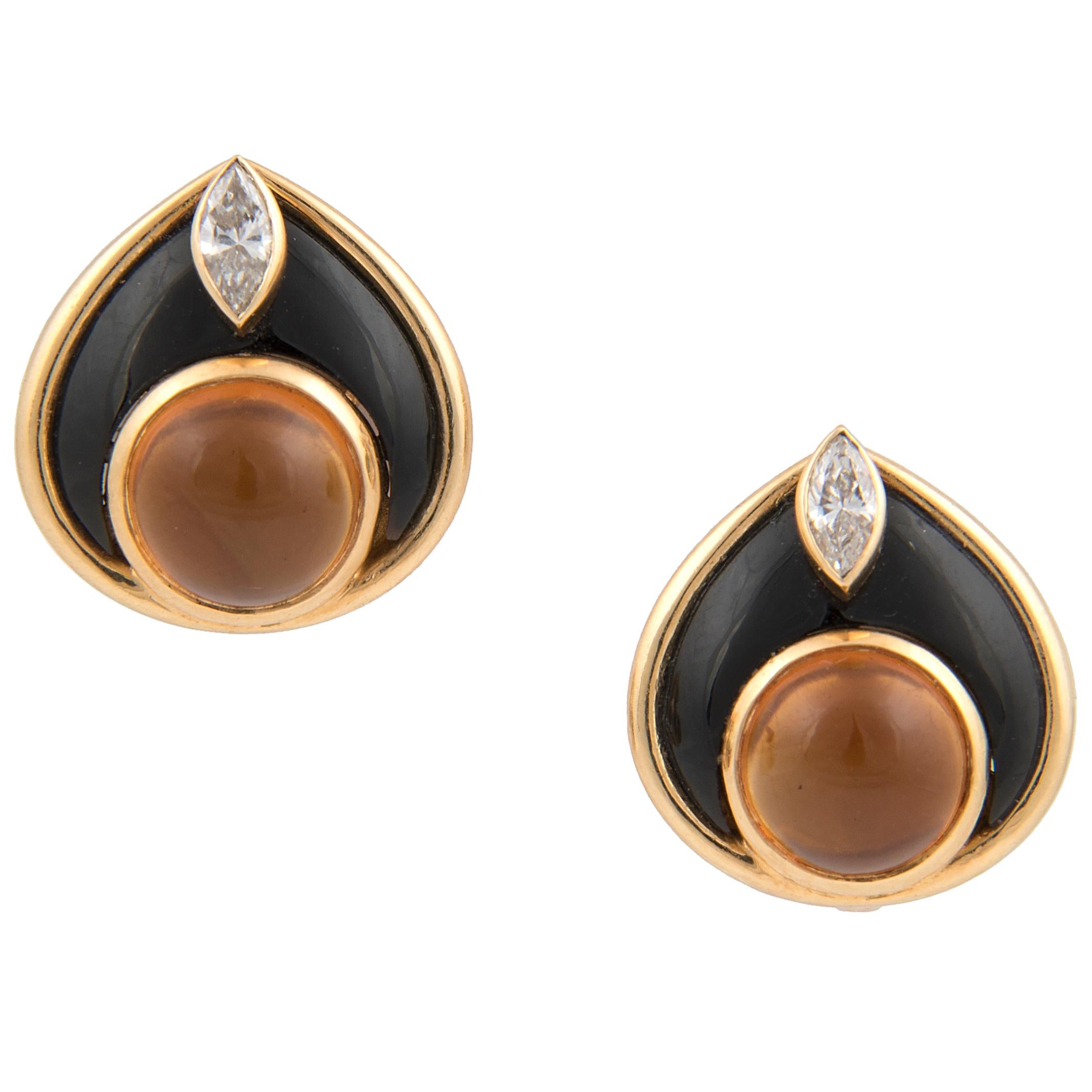 Marina B 'Bulgari' 18 Karat Gold Onyx Diamond and Citrine Clip-On Stud Earrings For Sale