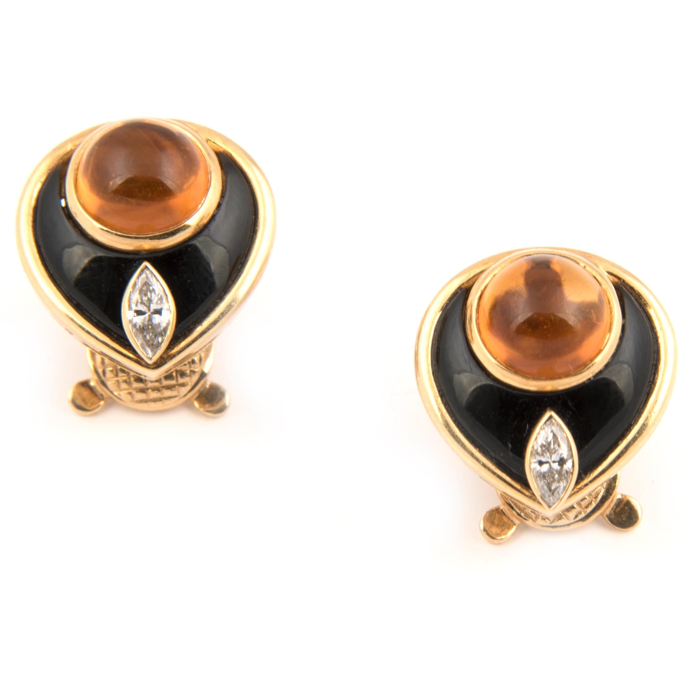 Women's Marina B 'Bulgari' 18 Karat Gold Onyx Diamond and Citrine Clip-On Stud Earrings For Sale