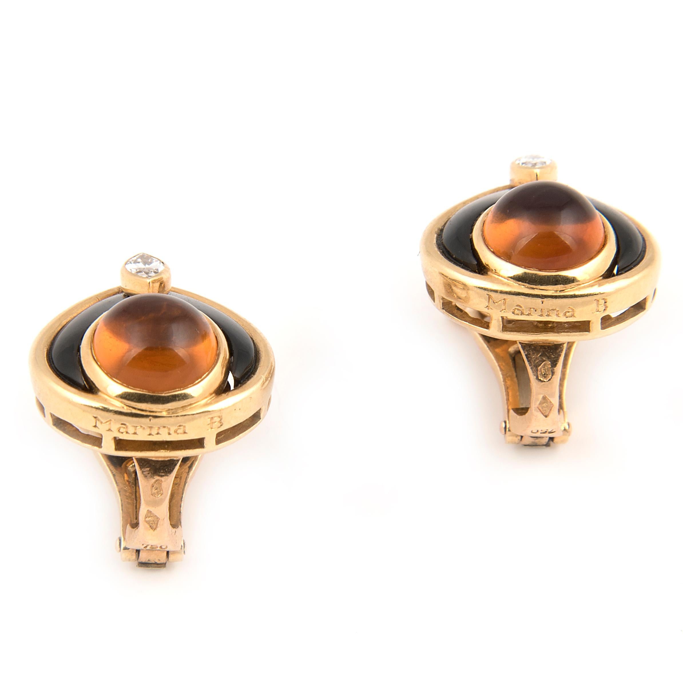Marina B 'Bulgari' 18 Karat Gold Onyx Diamond and Citrine Clip-On Stud Earrings In Good Condition For Sale In London, GB