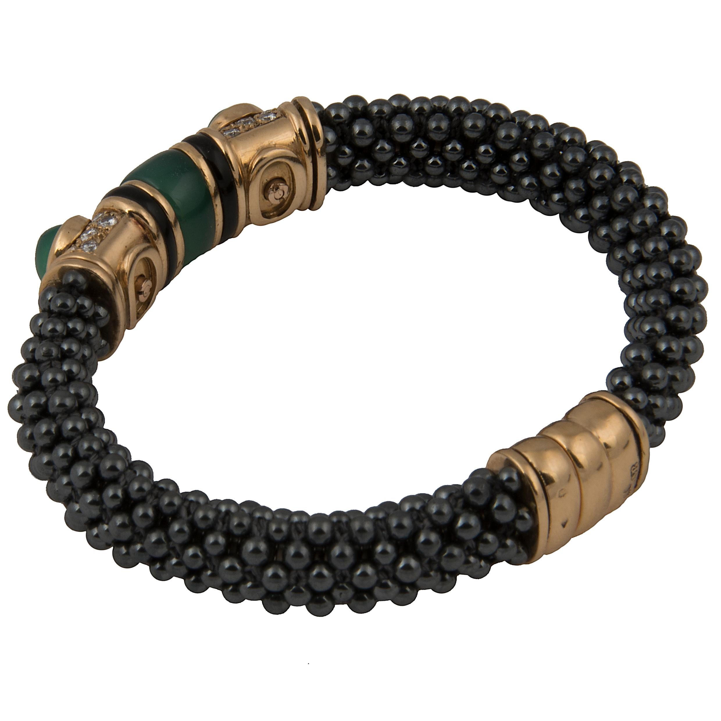 Marina B 'Bulgari' 18k Gold Hematite Diamond and Chrysophrase Bangle Bracelet In Excellent Condition For Sale In London, GB