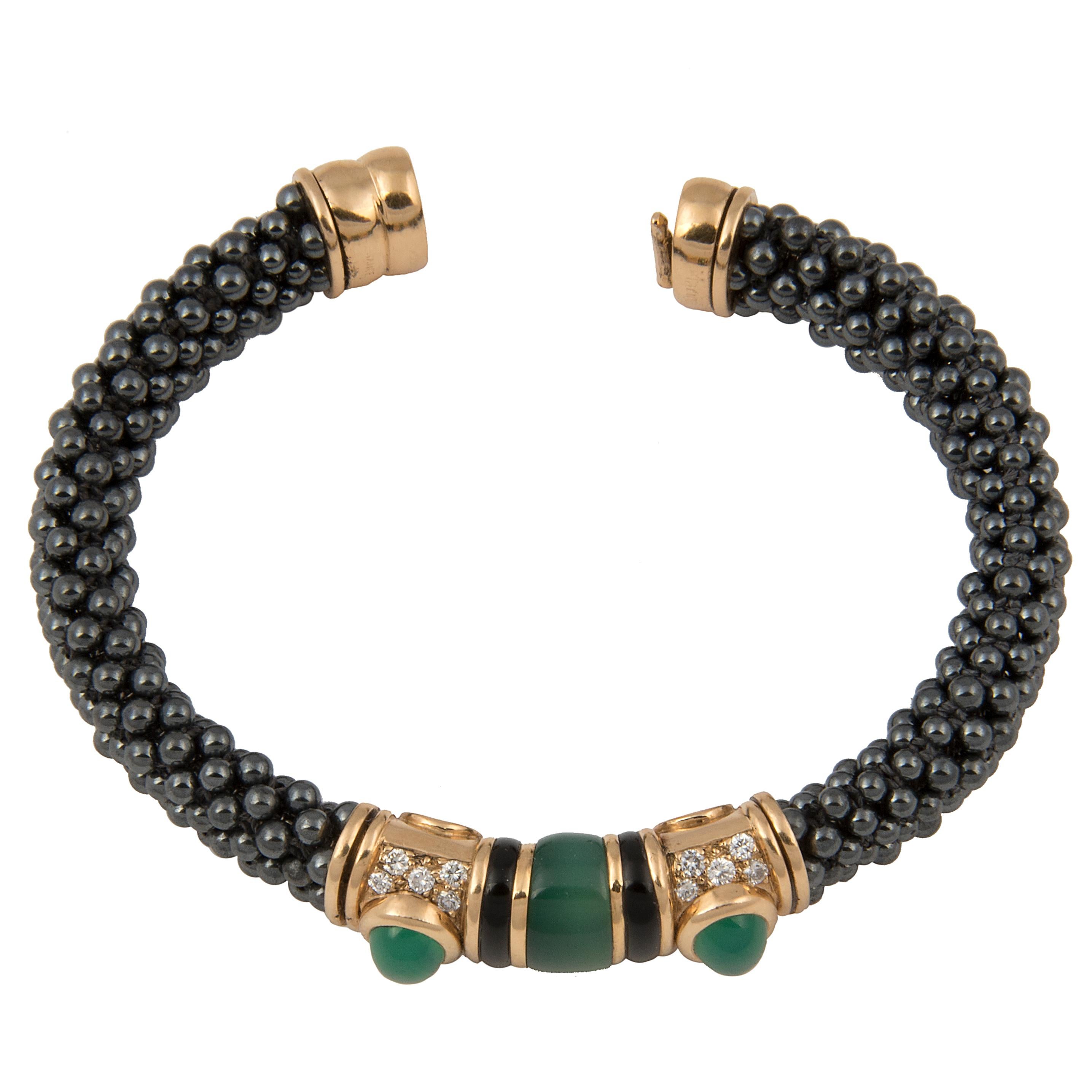 Women's Marina B 'Bulgari' 18k Gold Hematite Diamond and Chrysophrase Bangle Bracelet For Sale