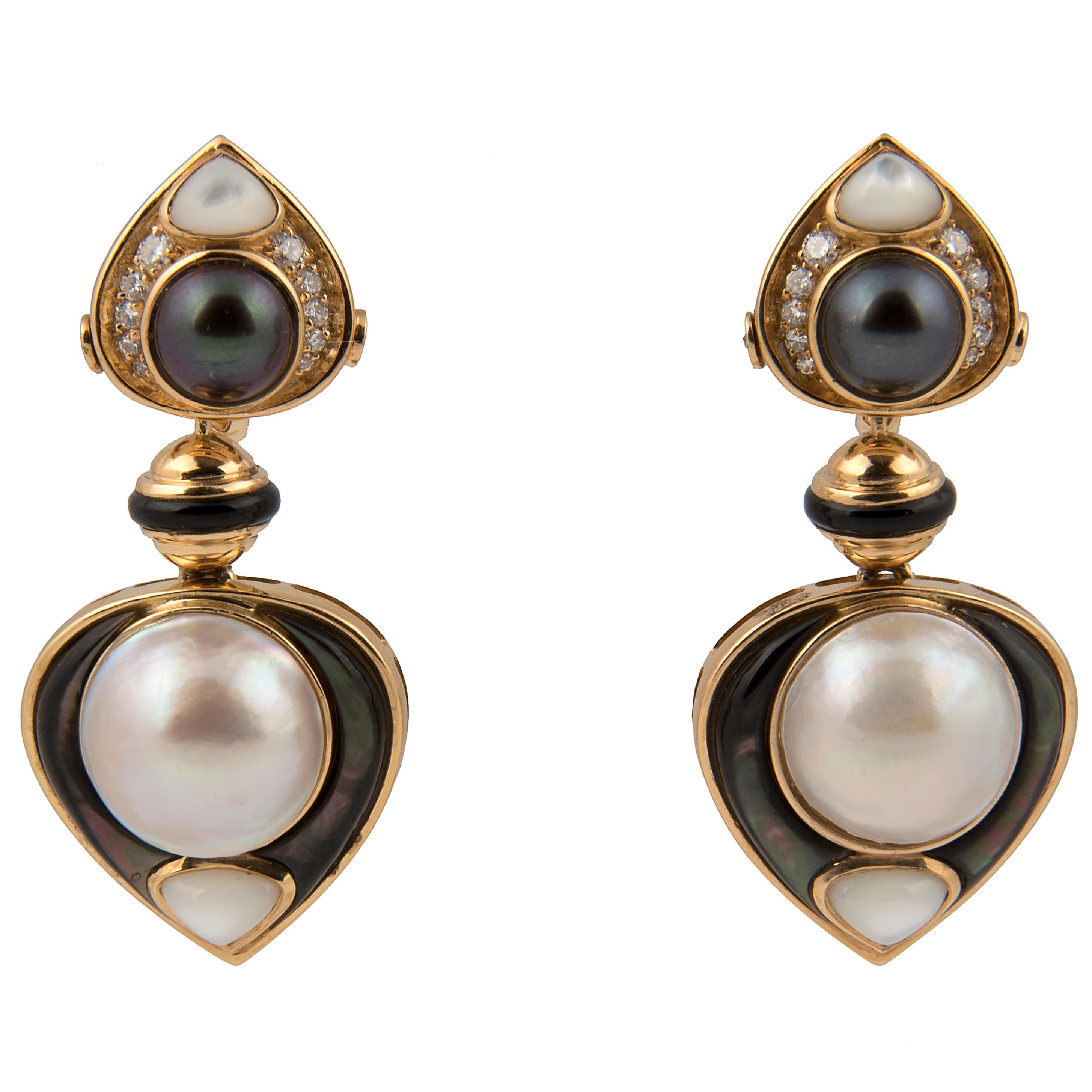 Marina B 'Bulgari' 18 Karat Yellow Gold Diamond and Pearl Day and Night Earrings For Sale