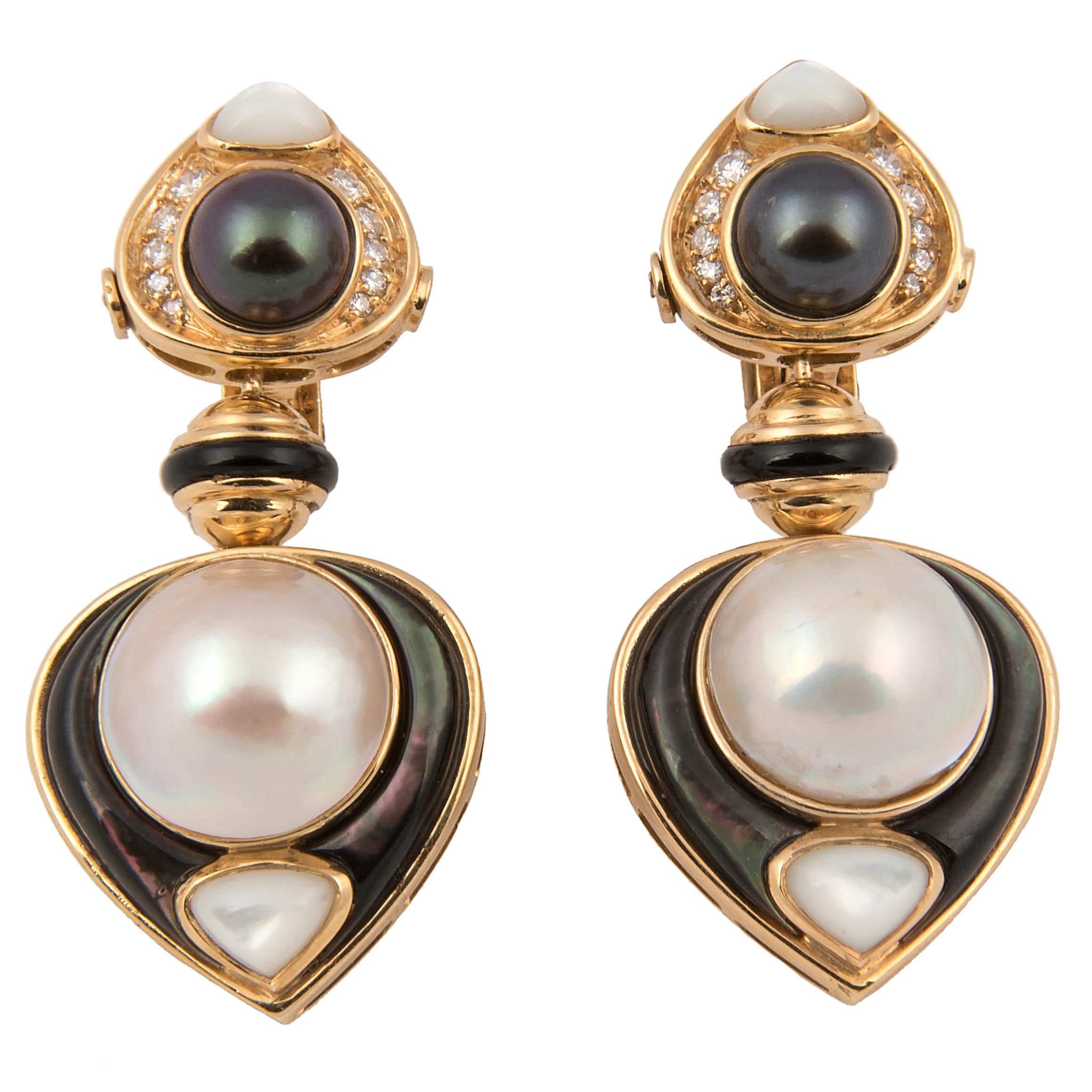 Marina B 'Bulgari' 18 Karat Yellow Gold Diamond and Pearl Day and Night Earrings In Good Condition For Sale In London, GB