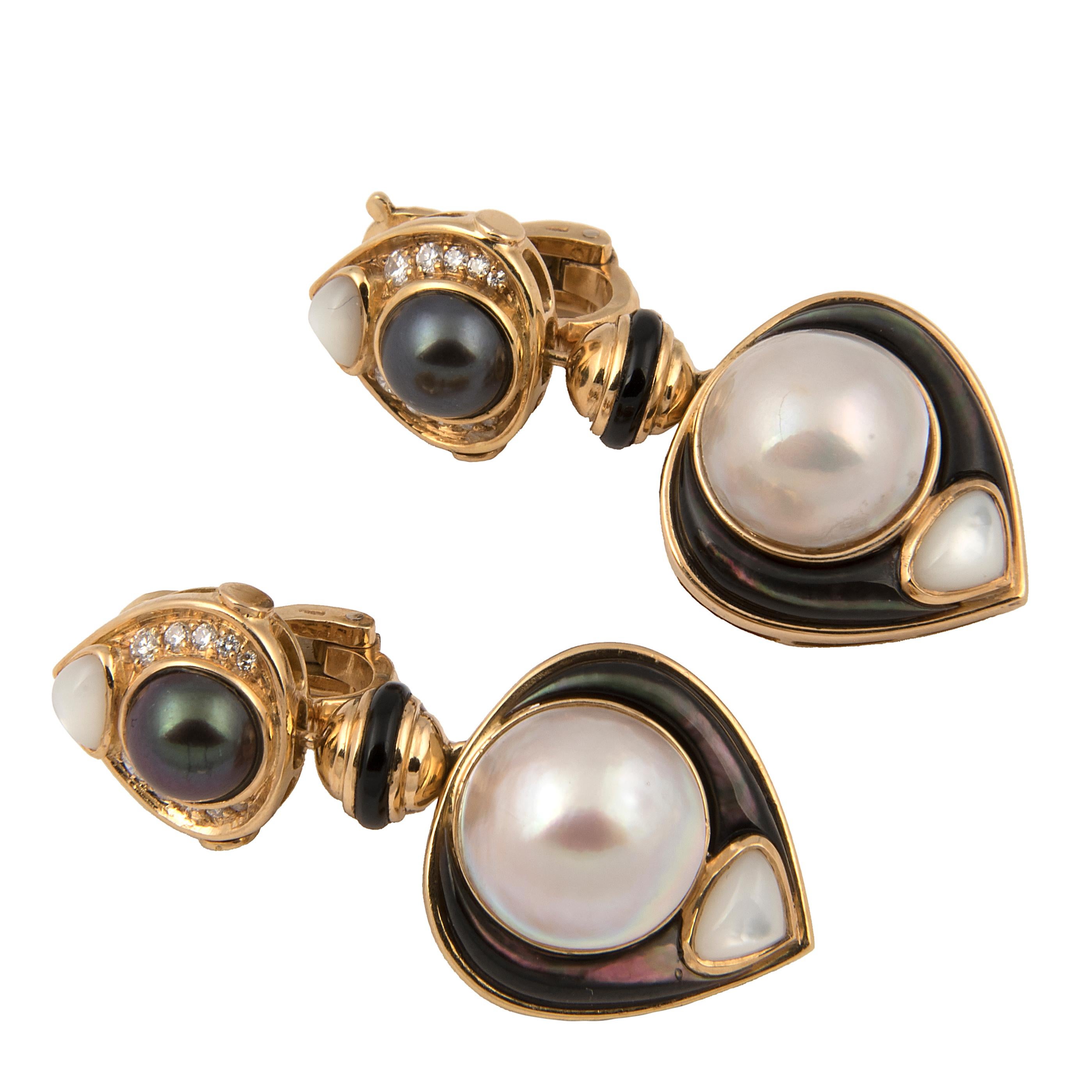 Women's Marina B 'Bulgari' 18 Karat Yellow Gold Diamond and Pearl Day and Night Earrings For Sale