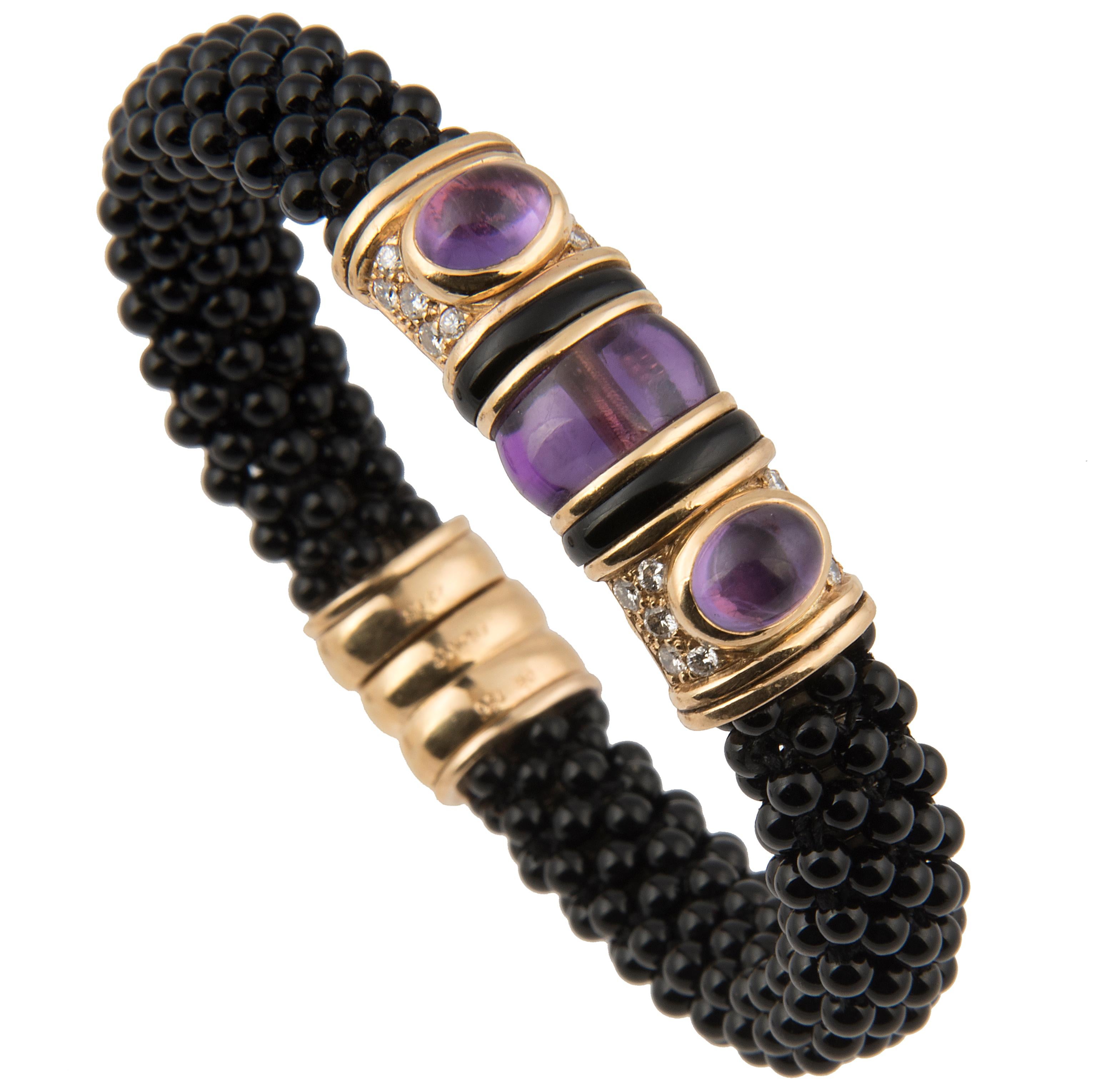 Marina B 'Bulgari' 18 Karat Gold Onyx Diamond and Amethyst Bangle Bracelet For Sale