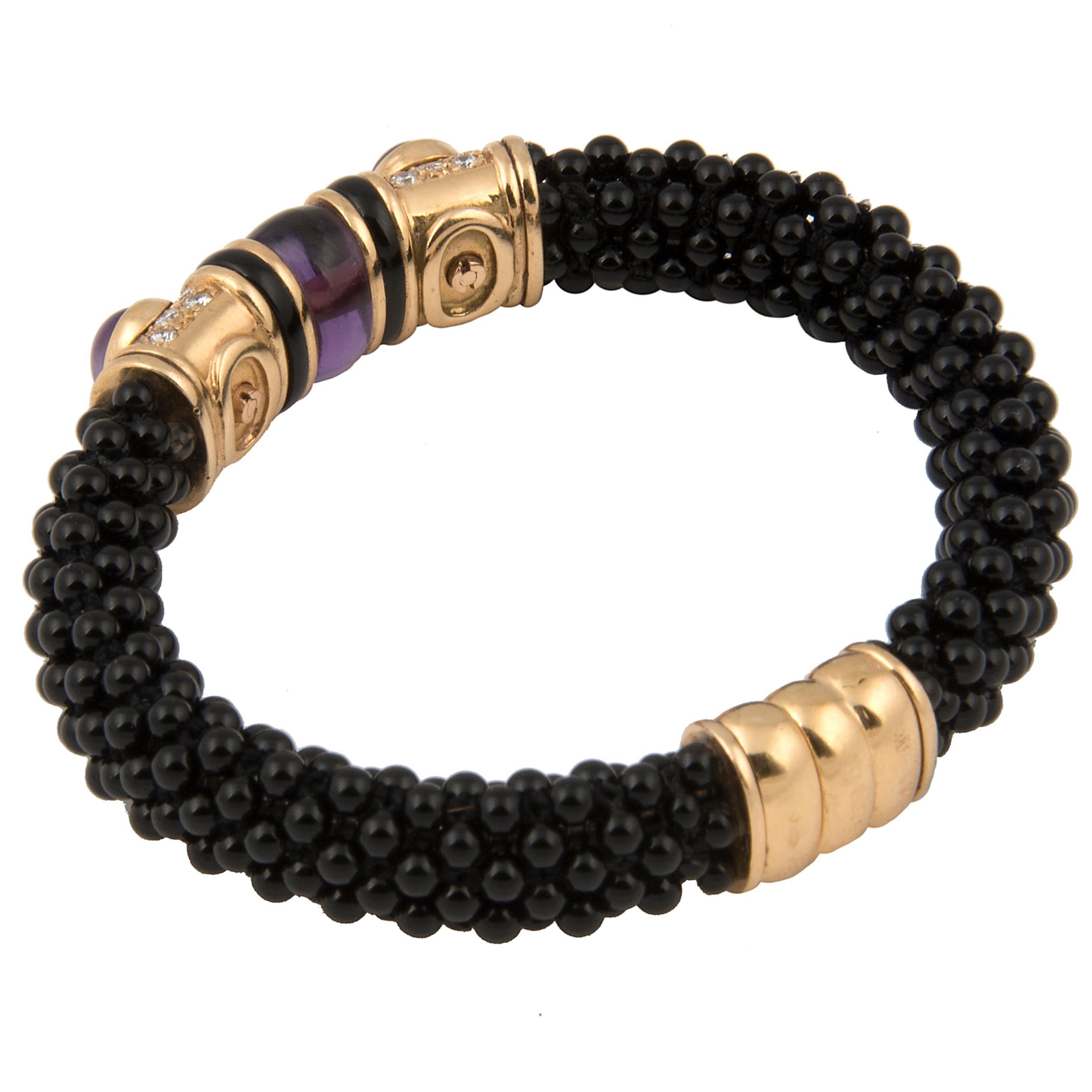 Marina B 'Bulgari' 18 Karat Gold Onyx Diamond and Amethyst Bangle Bracelet In Excellent Condition For Sale In London, GB