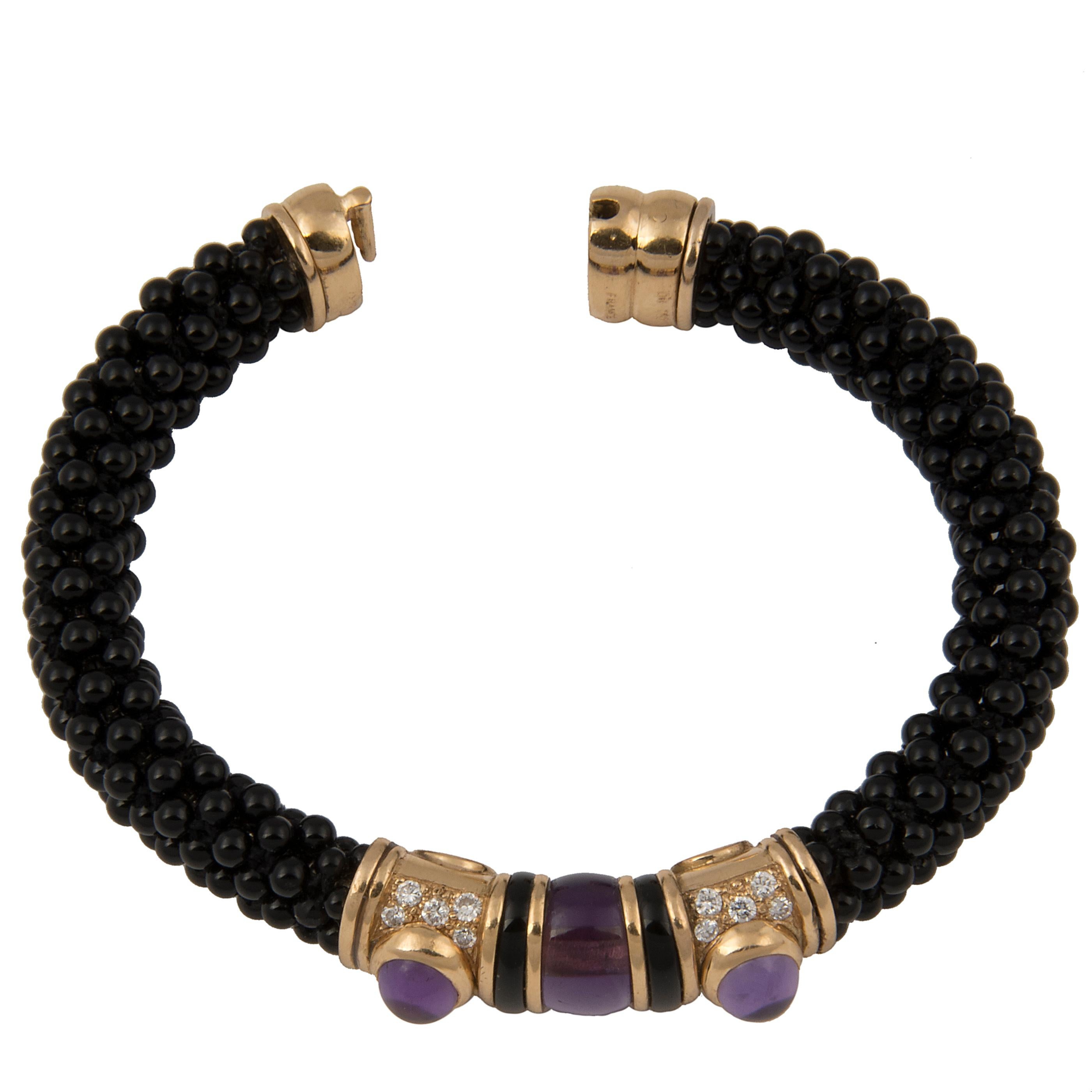 Women's Marina B 'Bulgari' 18 Karat Gold Onyx Diamond and Amethyst Bangle Bracelet For Sale