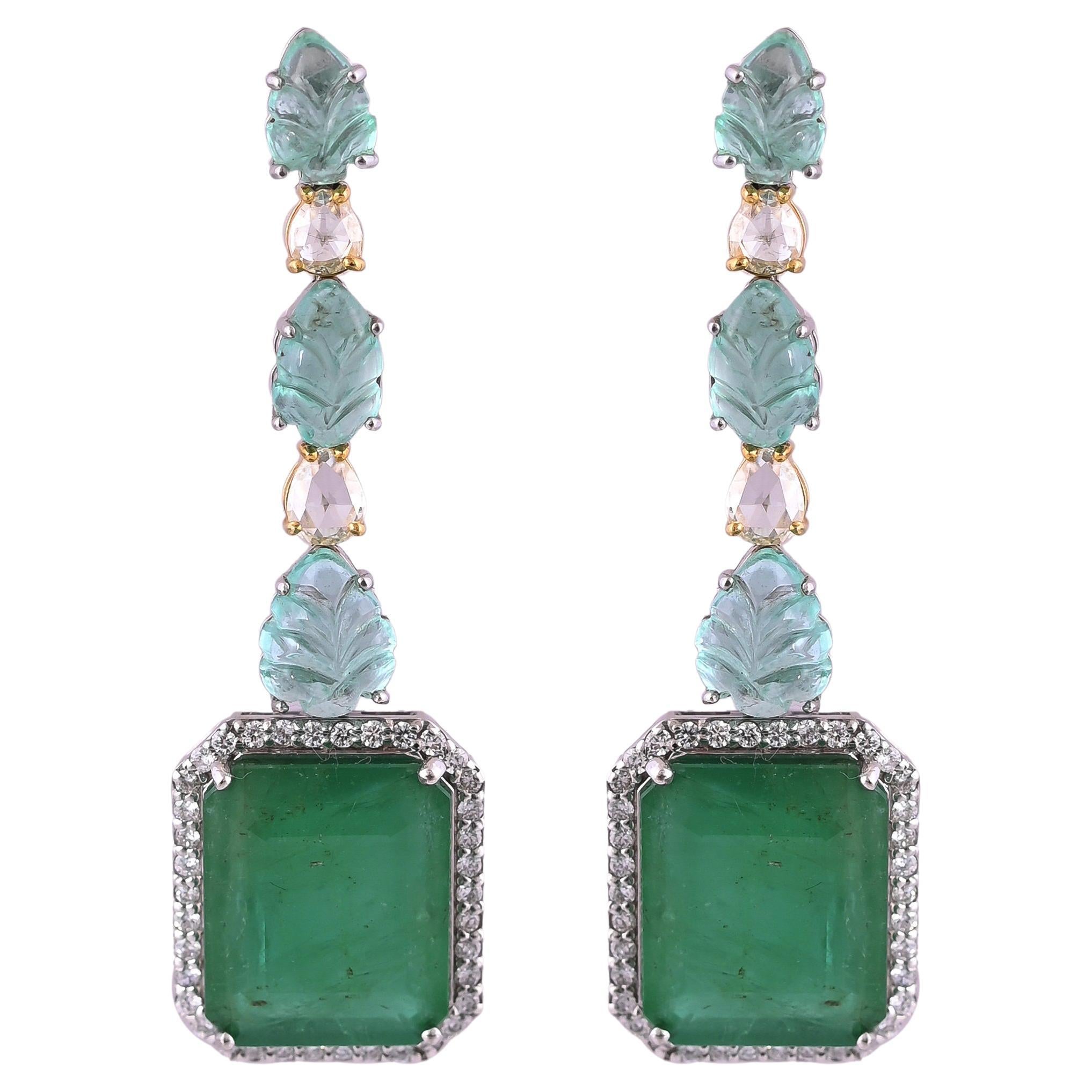 26.09 carats, natural Zambian Emerald and Diamonds Dangle Earrings  For Sale