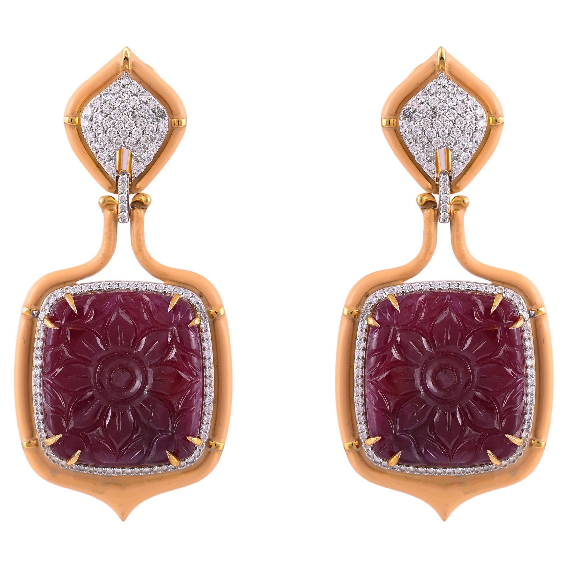 86.65 Carat Natural Ruby Carved Enamel and Diamond Earrings Set in 18 Karat Gold