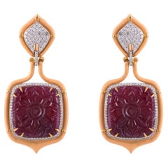86.65 Carat Natural Ruby Carved Enamel and Diamond Earrings Set in 18 Karat Gold