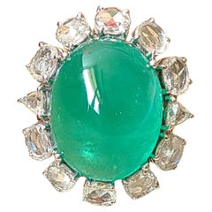 Set in 18K White Gold, Natural Zambian Emerald Cabochon & Diamonds Cocktail Ring