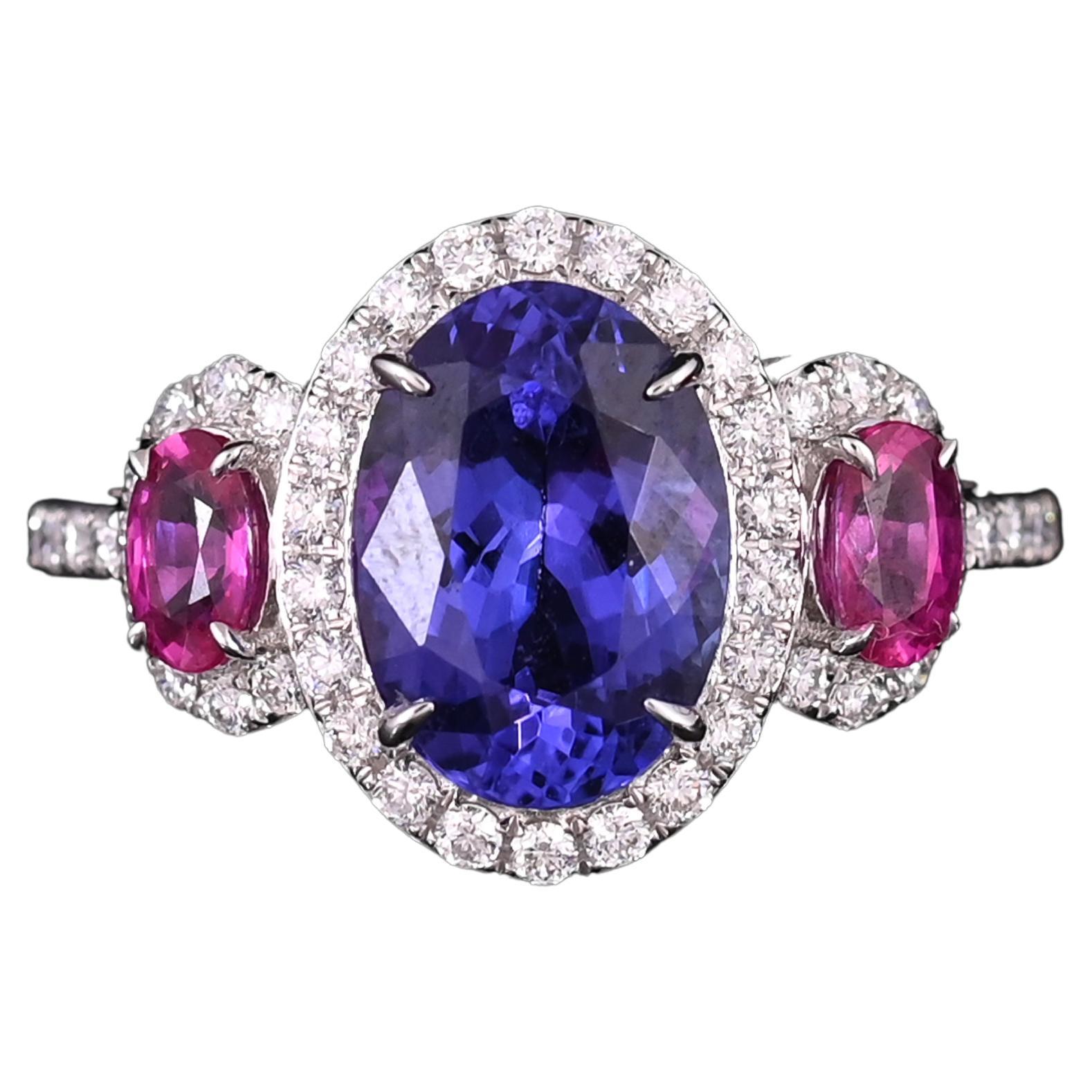 Set in 18K Gold, 2.90 carats Tanzanite, Pink Sapphire & Diamond Engagement Ring  For Sale
