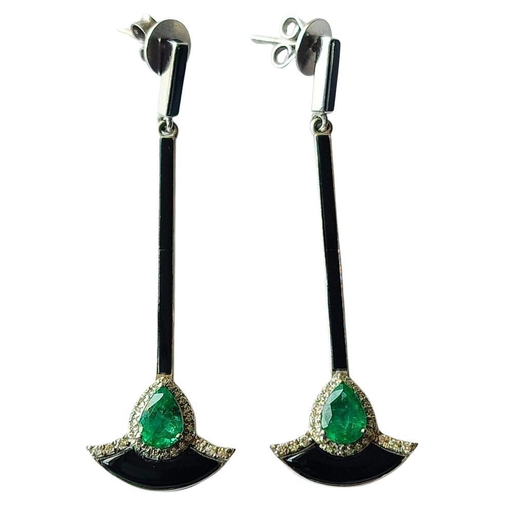 1.21 carats Natural Emerald, Black Enamel & Diamonds Chandelier Earrings For Sale