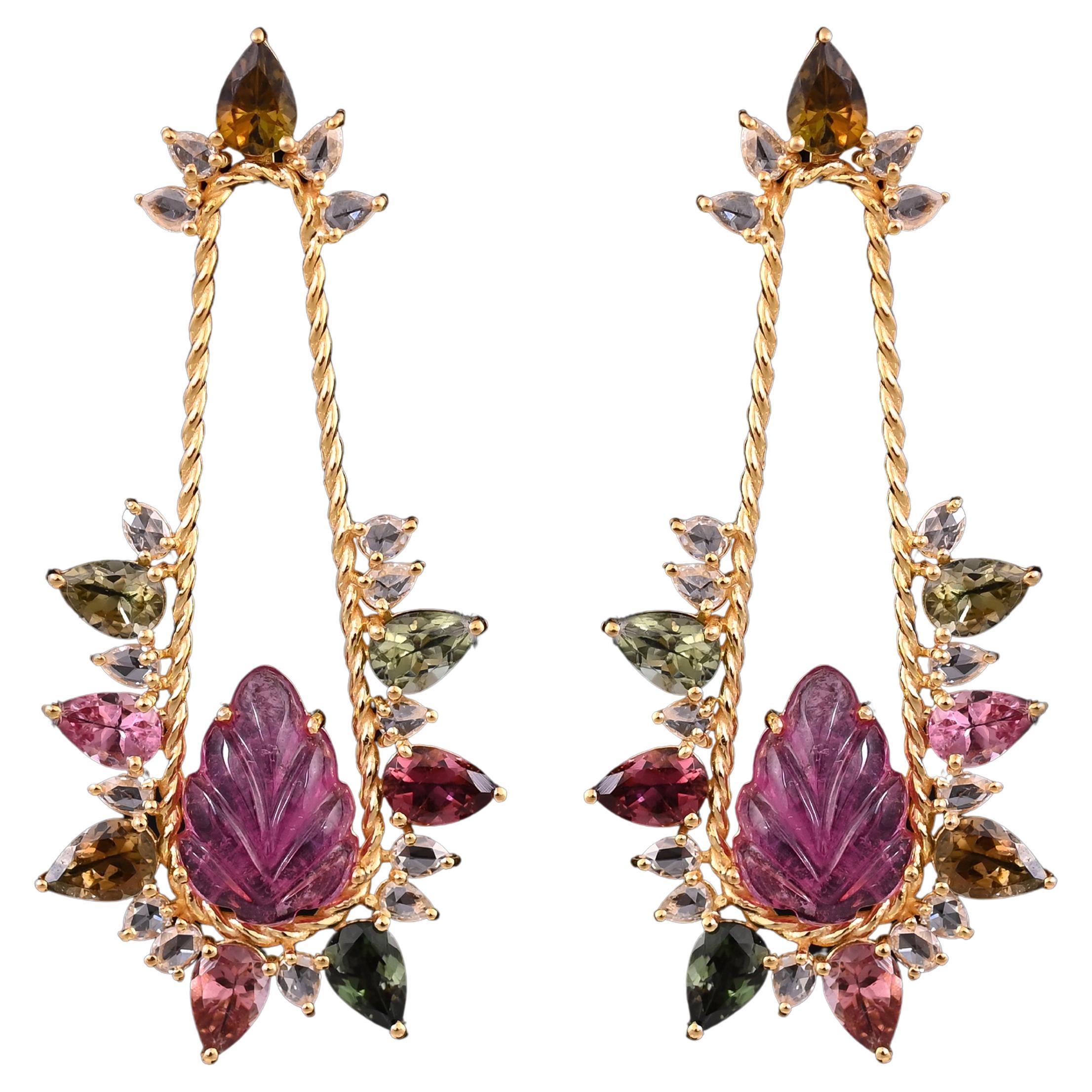 6.46 carats, carved Tourmaline, Multi Sapphire & Diamonds Chandelier Earrings For Sale