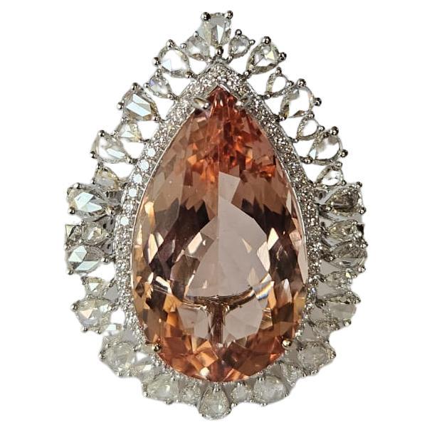 Set in 18K White Gold, 18.09 carat Morganite & Rose Cut Diamonds Cocktail Ring