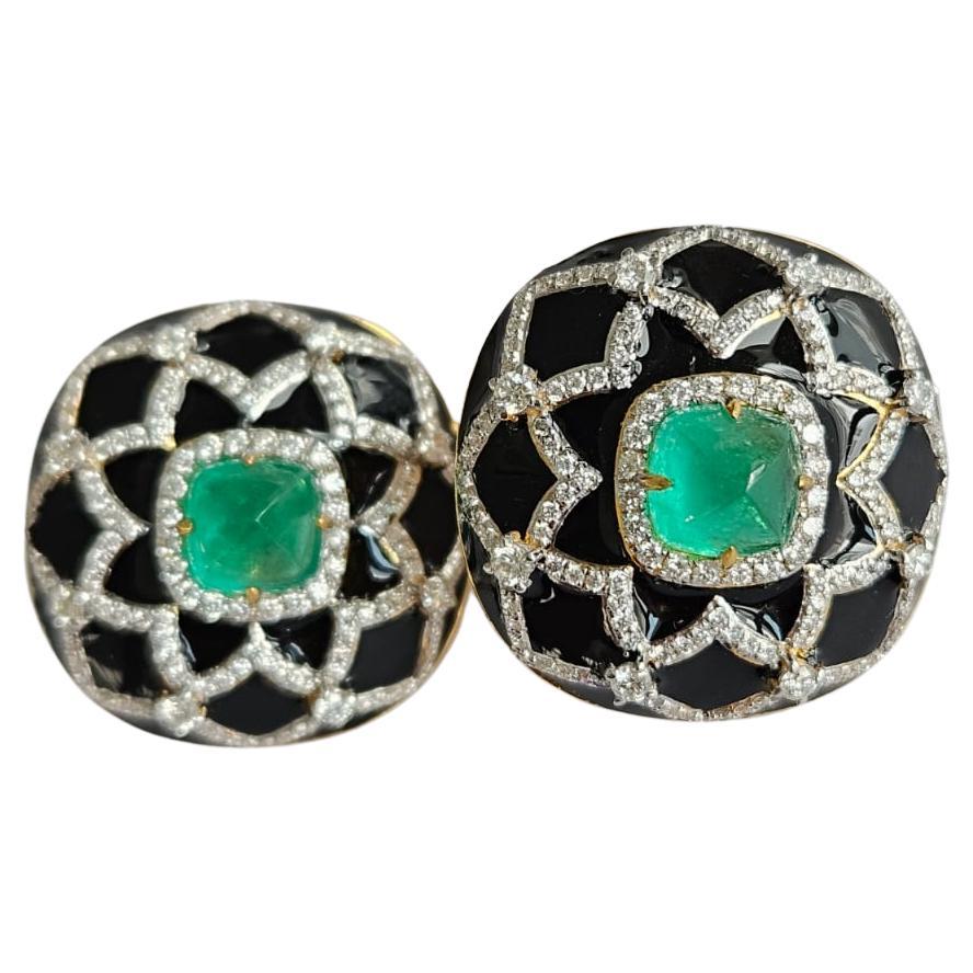 Art Deco style Colombian Emerald Sugarloaf, Black Enamel & Diamond Stud Earrings