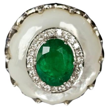 Set in 18K Gold, Emerald, Mother of Pearl, Blue Sapphire & Diamond Cocktail Ring
