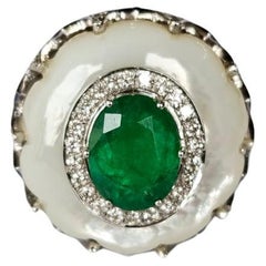 Set in 18K Gold, Emerald, Mother of Pearl, Blue Sapphire & Diamond Cocktail Ring