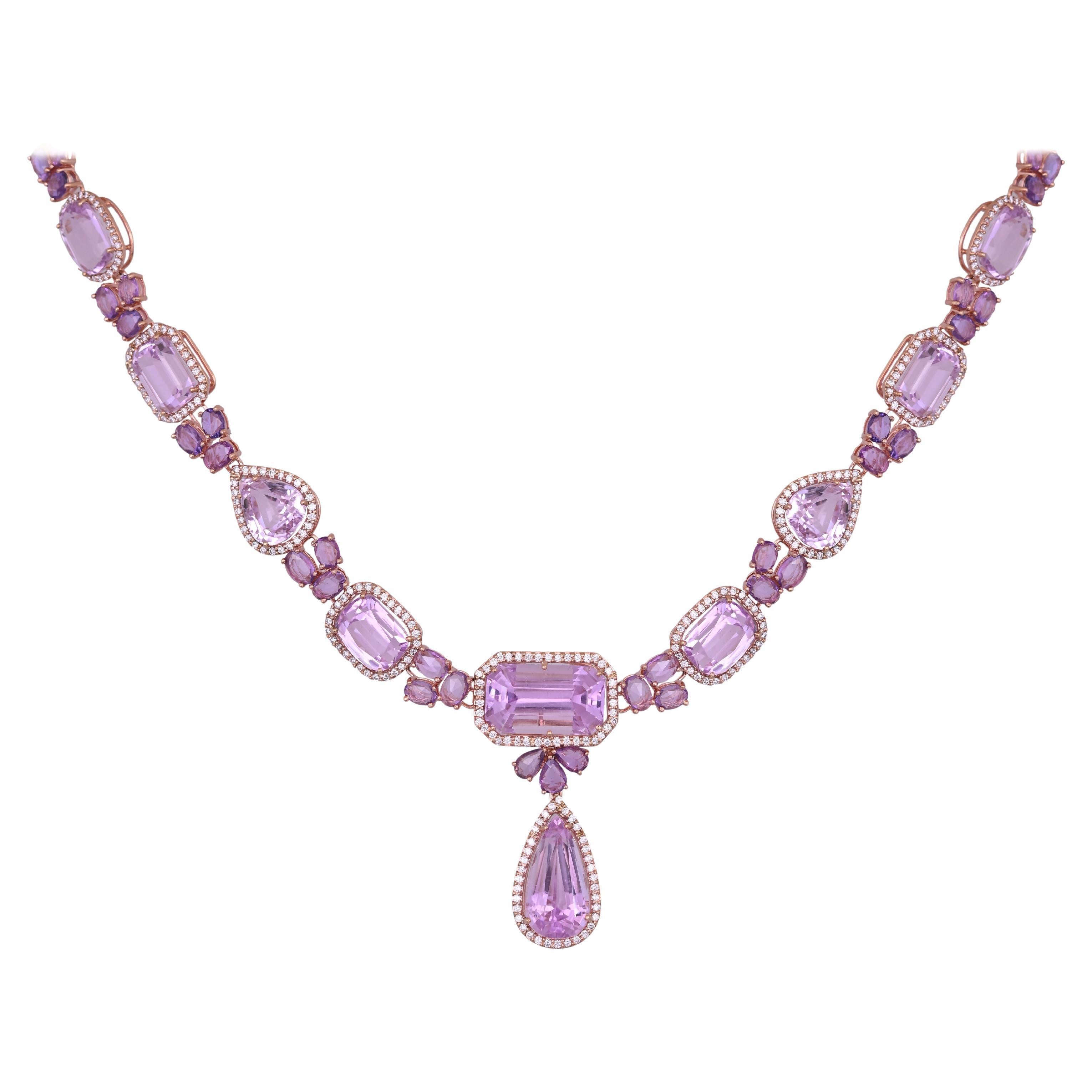 Set in 18K Gold, 117.17 carats Kunzite, Pink Sapphires & Diamonds Drop Necklace