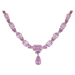 Set in 18K Gold, 117.17 carats Kunzite, Pink Sapphires & Diamonds Drop Necklace