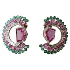 Set in 18K Gold, 11.33 carats Pink Sapphires, Emeralds & Diamonds Stud Earrings