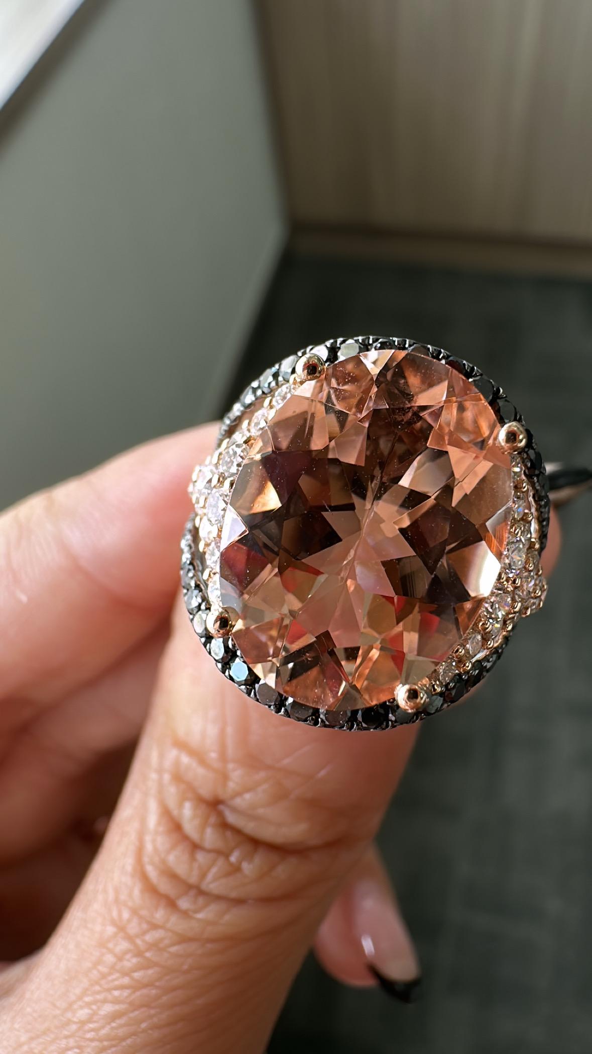 da uomo o donna Anello di fidanzamento con morganite e diamanti neri in oro rosa 18 carati, 7,90 carati in vendita