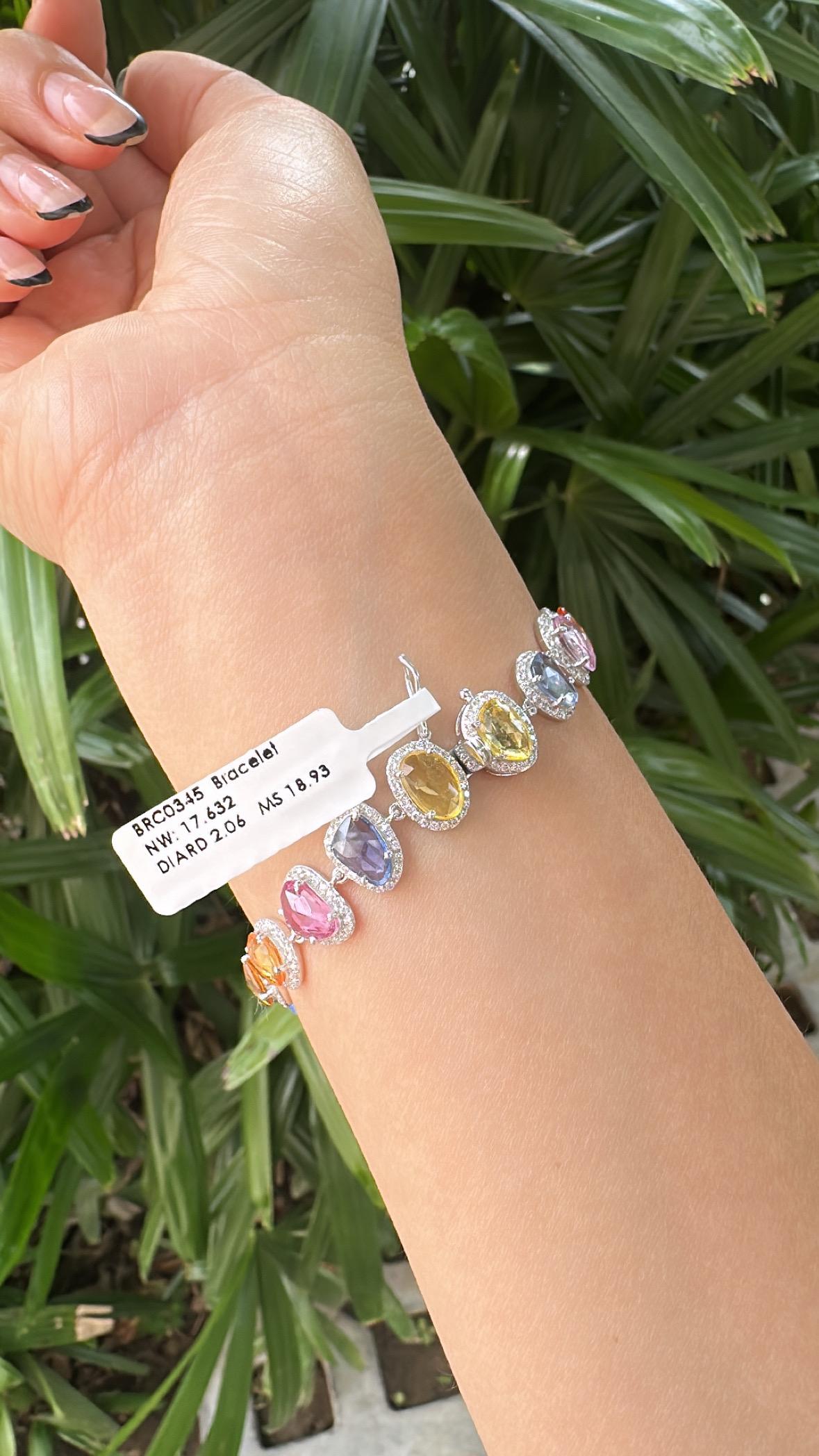 Pulsera moderna engastada en oro de 18 quilates, multizafiro de Ceilán talla rosa y diamantes Corte rosa en venta