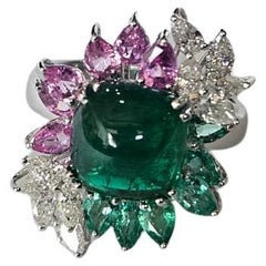 Set in 18K Gold, Emerald Sugarloaf, Pink Sapphires & Diamonds Cocktail Ring