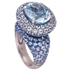 Bague cocktail en or blanc 18 carats, 13,55 carats, aigue-marine et diamants
