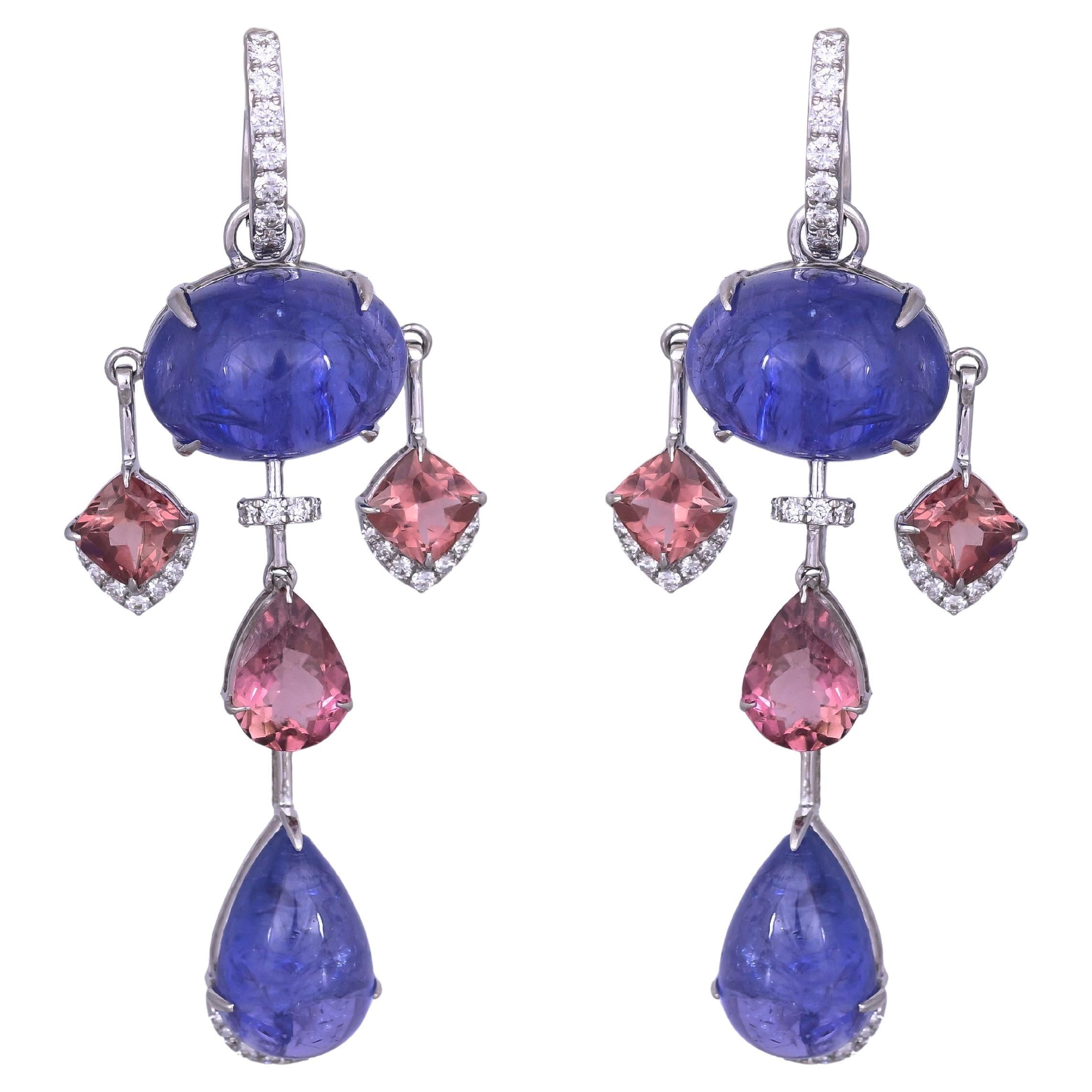 Orecchini pendenti in oro 18 carati, tanzanite cabochon, tormalina e diamanti
