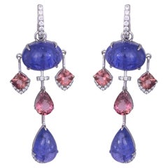 Orecchini pendenti in oro 18 carati, tanzanite cabochon, tormalina e diamanti