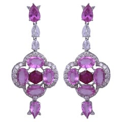 Set in 18K Gold, Ceylon Pink Sapphire, Ruby & Rose Cut Diamonds Dangle Earrings