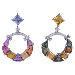 Set in 18K Gold, 16.19 carats Ceylon Multi Sapphires & Diamonds Dangle Earrings