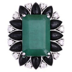 8.25 carats, Zambian Emerald, Black Onyx & Diamonds Engagement Ring in 18K Gold
