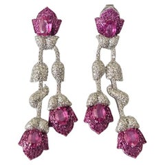 Set in 18K Gold, 4.84 cts Pink Sapphire, Ruby 
Diamonds Earrings