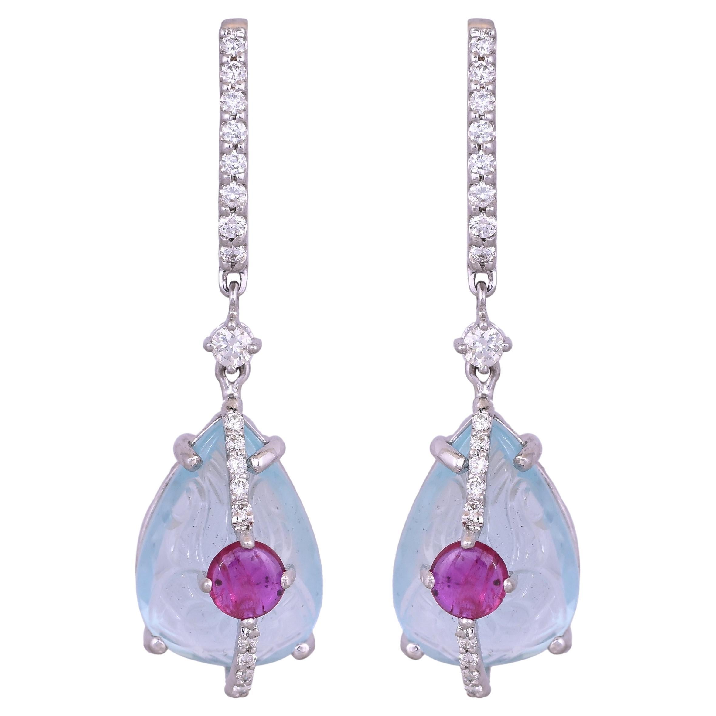 Set in 18K Gold, 11.63 carat, carved Aquamarine, Ruby & Diamonds Dangle Earrings