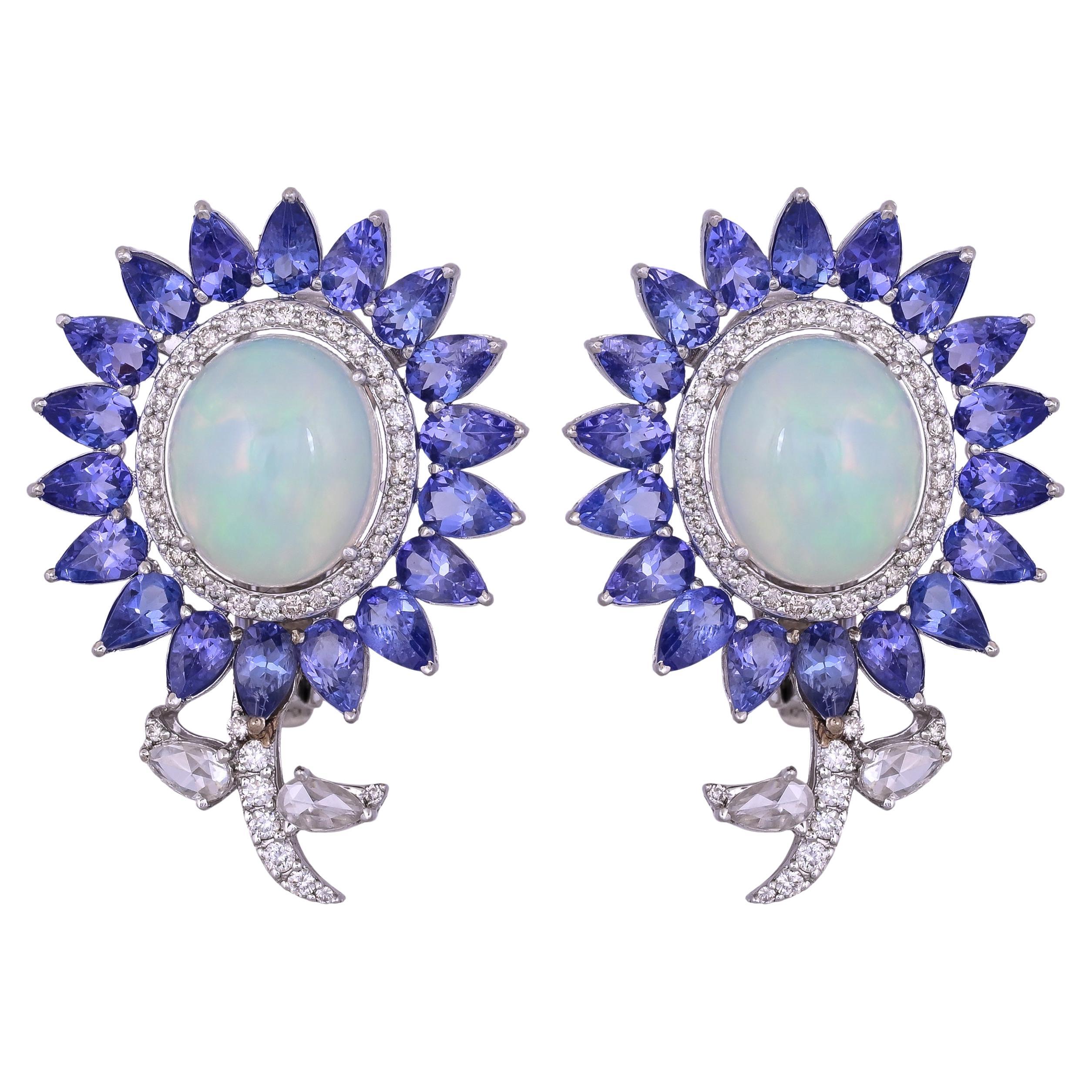Set in 18K Gold, Ethiopian Opal, Tanzanite & Rose Cut Diamonds Stud Earrings