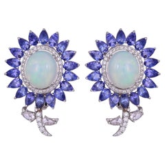 Set in 18K Gold, Ethiopian Opal, Tanzanite & Rose Cut Diamonds Stud Earrings
