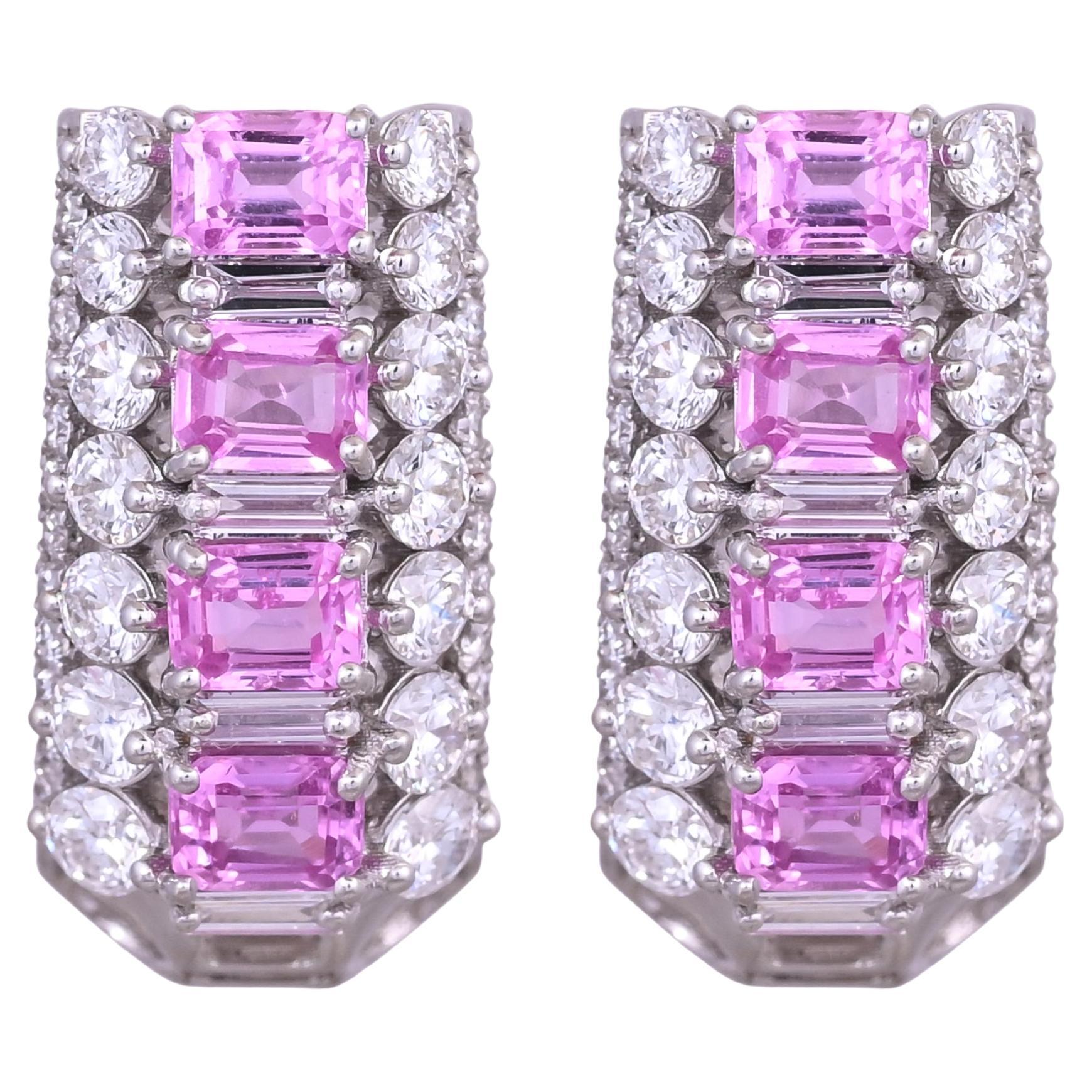 Set in 18K Gold, 2.16 carats Ceylon Pink Sapphire & Diamonds Huggie Hoop Earring
