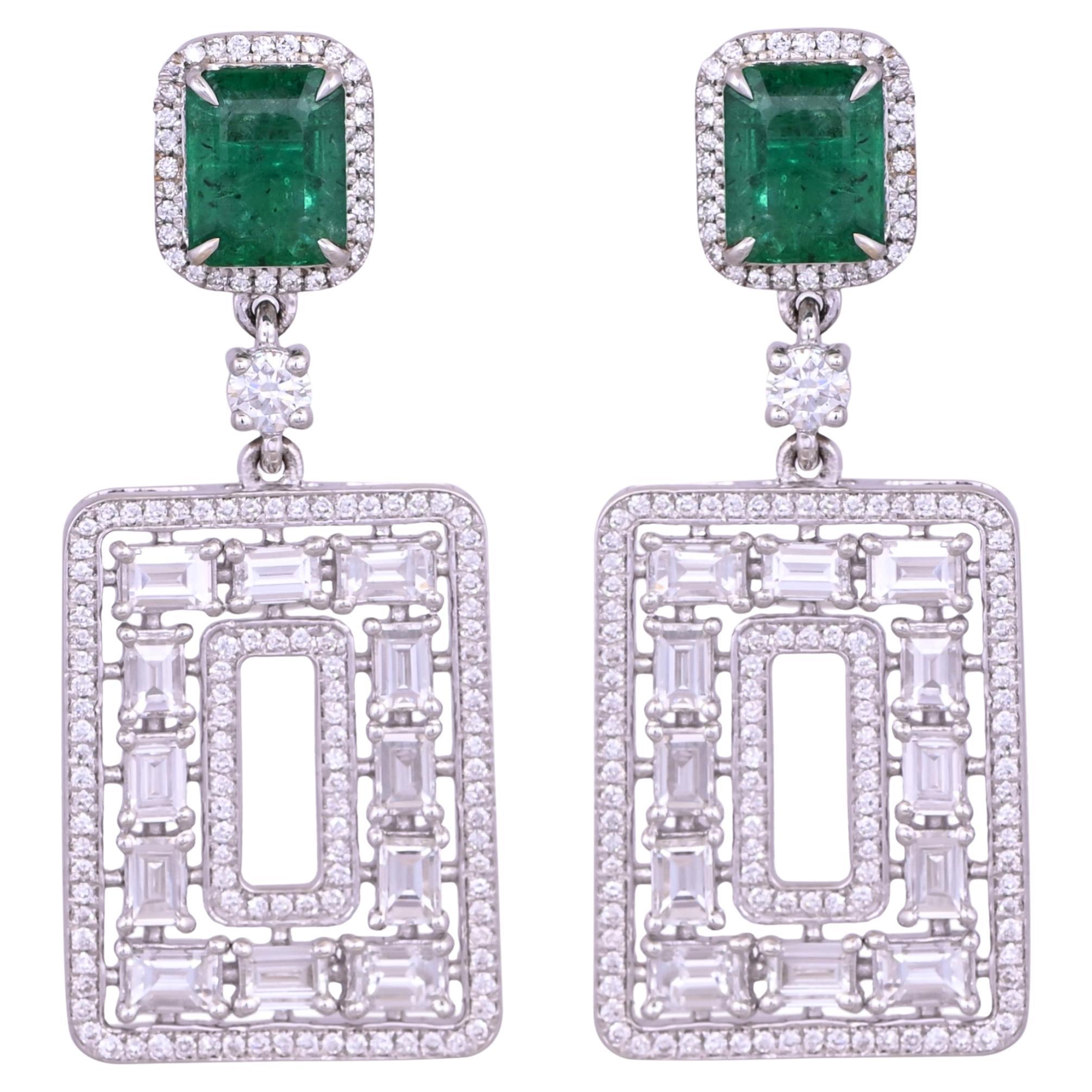 Set in 18K Gold, 1.96 carats, natural Zambian Emeralds & Diamonds Dangle Earring