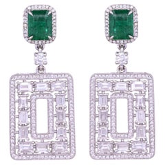 Set in 18K Gold, 1.96 carats, natural Zambian Emeralds & Diamonds Dangle Earring