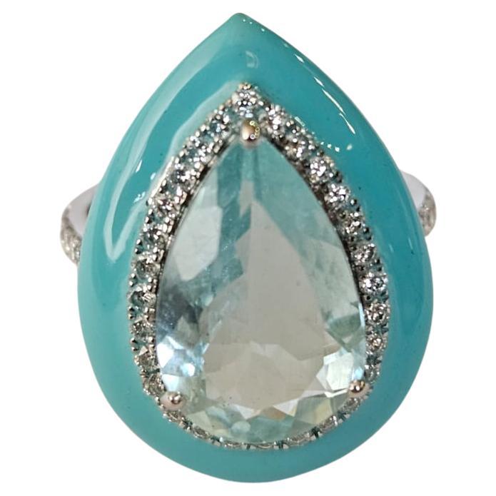 Set in 18K Gold, 4.61 carat Aquamarine, Turquoise Enamel & Diamond Cocktail Ring