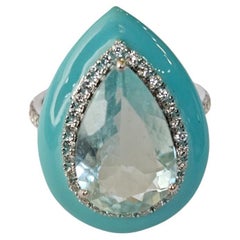 Set in 18K Gold, 4.61 carat Aquamarine, Turquoise Enamel & Diamond Cocktail Ring