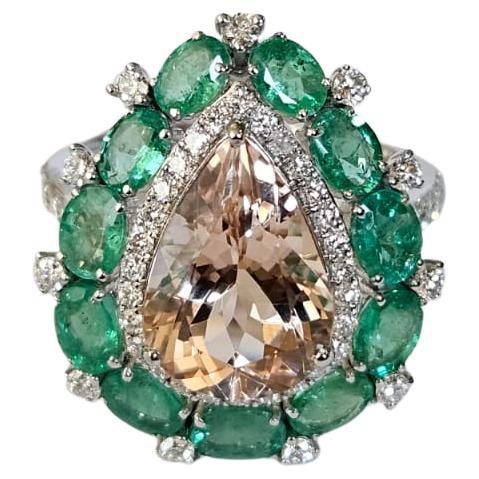 Set in 18K White Gold, Morganite, Zambian Emeralds & Diamonds Engagement Ring